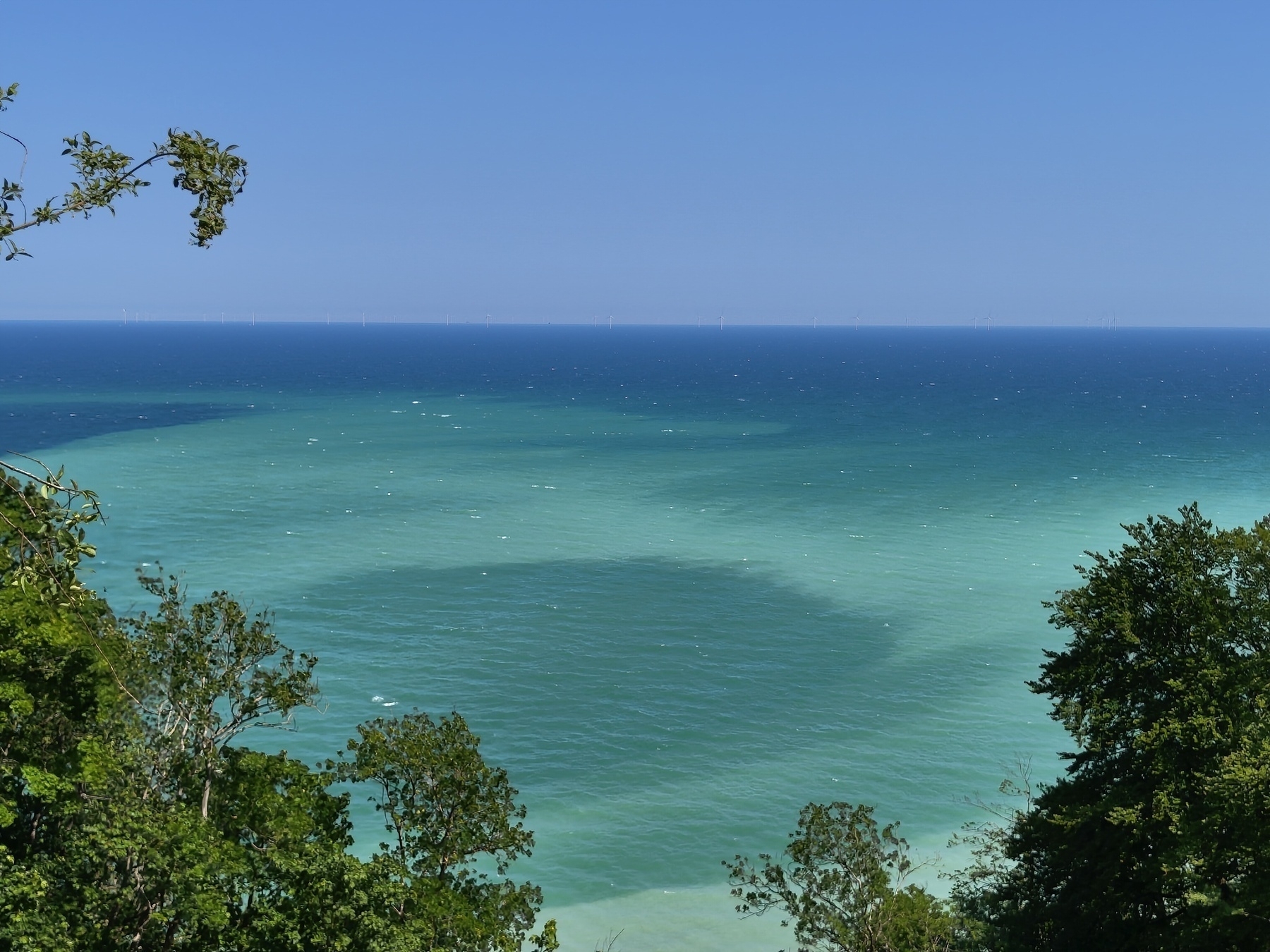 A serene ocean view with vibrant blue and green hues surrounded by lush greenery.